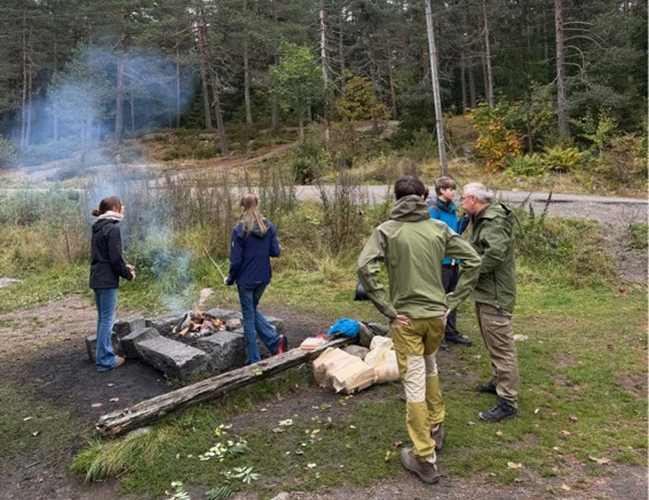 en gruppe mennesker som står på en tømmerstokk i en skog